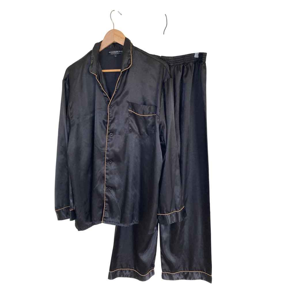 Alexander Del Rossa Mens Black Satin Pajama Set Gold Piping Size L 2 Piece PJs